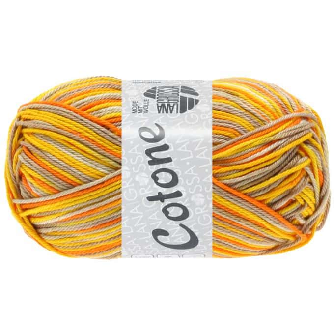 Lana Grossa Cotone print kleur 337 beige / taupe /dooier geel / oranje 