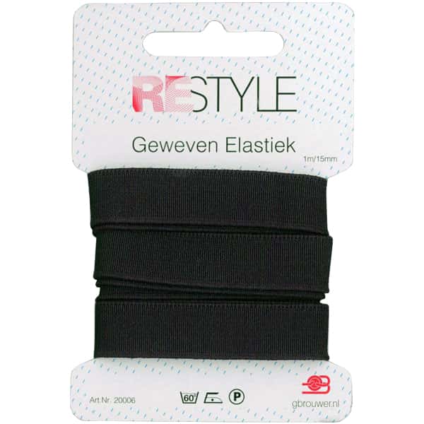 Restyle geweven elastiek 15 mm 1 meter zwart