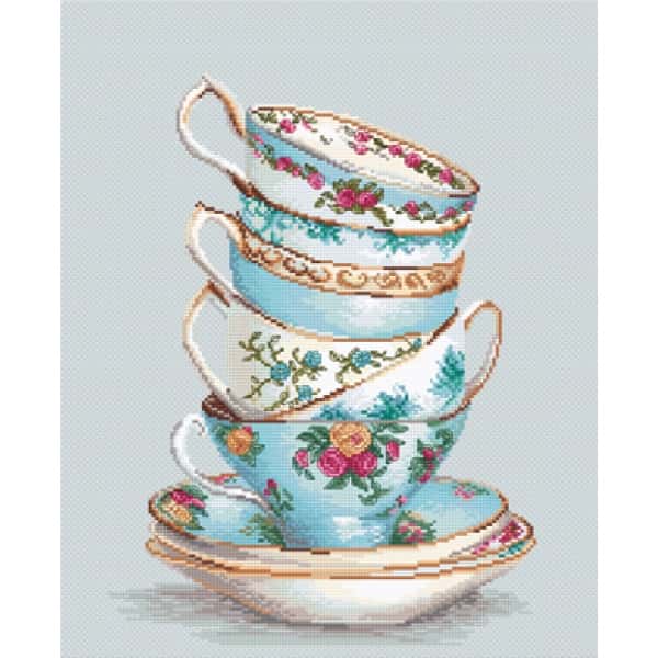 Borduurpakket Luca-S Turquoise themes tea cups 22 x 29 cm