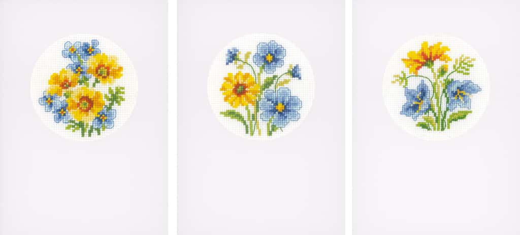 borduurpakket kit  3 wenskaarten 10,5 x 15 cm gele en blauwe bloempjes