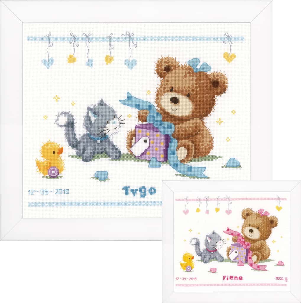 Vervaco telpakket geboortetegel kit geboortefeestje beer en cadeau 29 x 23 cm