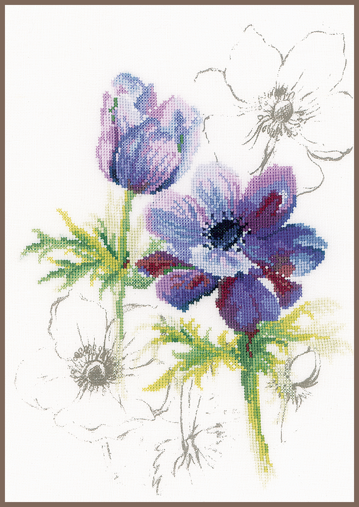 Borduurpakket Lanarte TELPAKKET TELPAKKET KIT BLAUWE ANEMONEN 20 x 28 cm