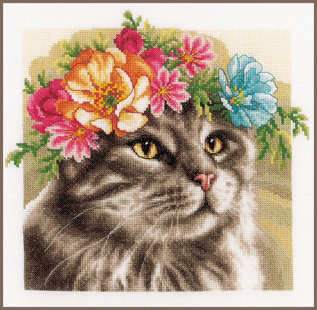 Lanarte borduur telpakket kit Maine Coon met bloemenkrans 29 x 29 cm