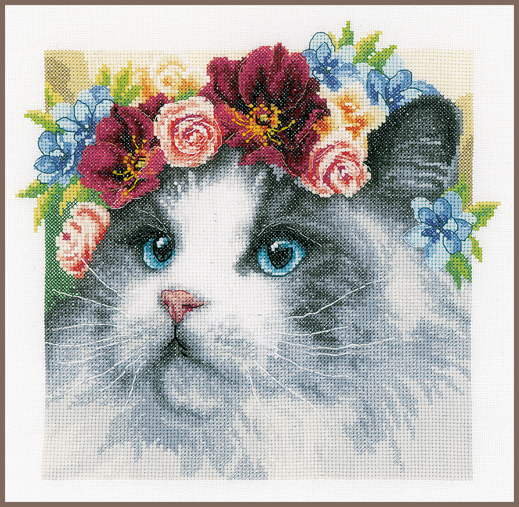 Lanarte borduur telpakket kit Maine Coon met bloemenkrans 29 x 29 cm