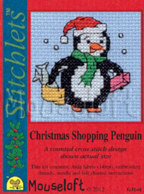 Borduurpakket postkaart Christmas shopping penguin