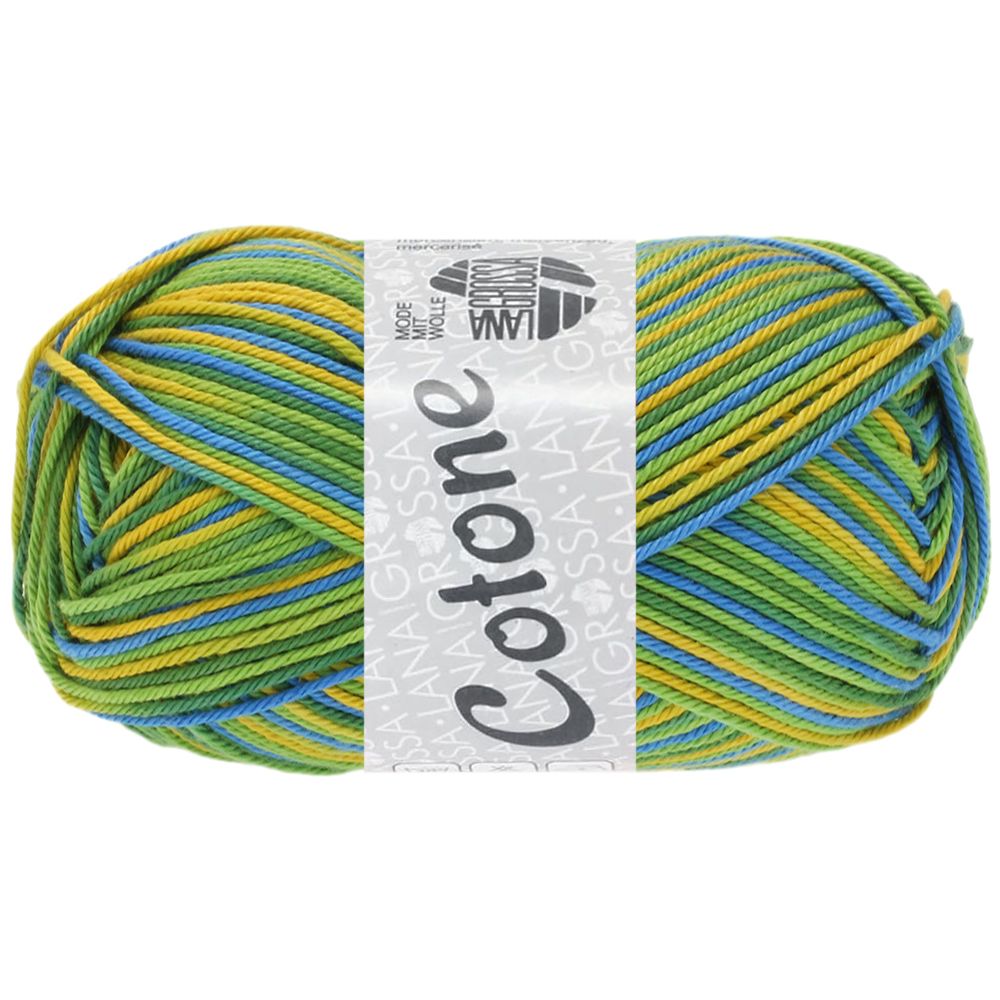 Lana Grossa Cotone print kleur 352 Apfel-/Dunkelgrün/Blau/Gelb