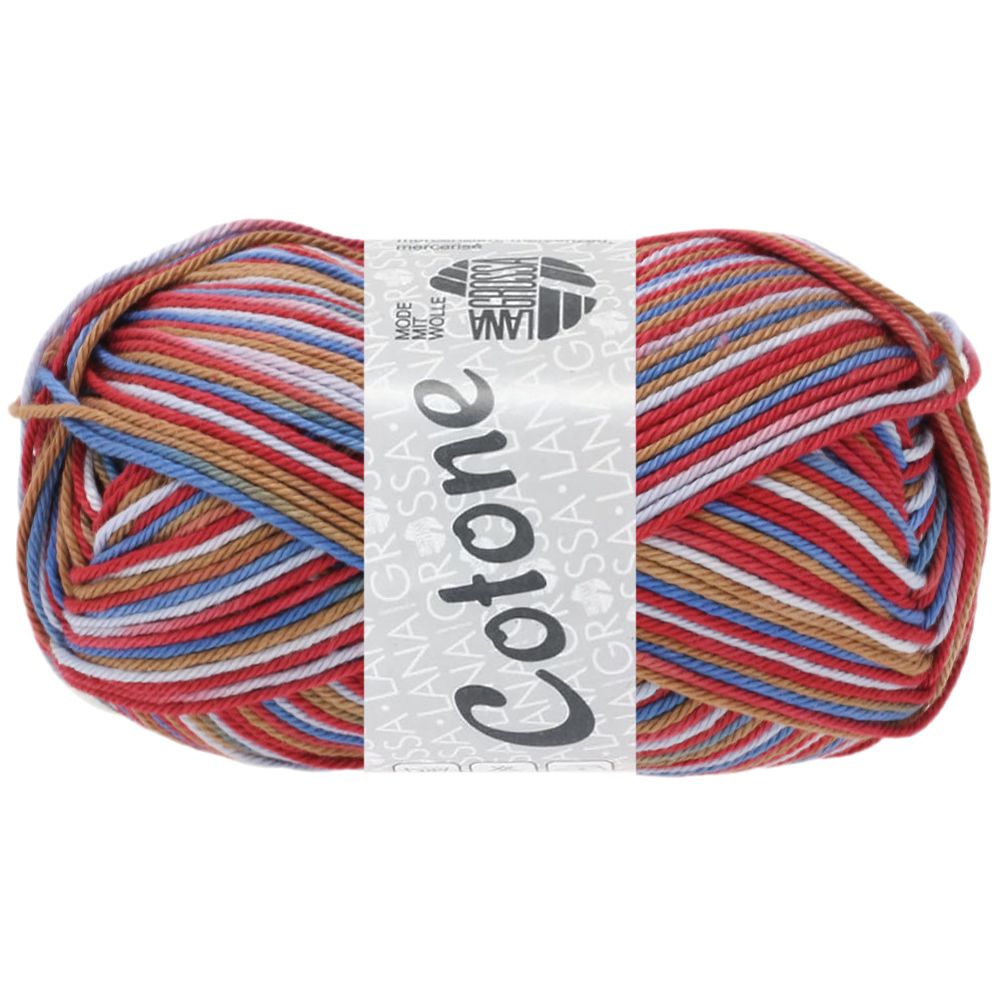 Lana Grossa Cotone print kleur 355 Tomatenrot/Blau/Beige/Camel