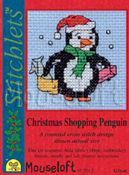 Borduurpakket postkaart Christmas Shopping Penguin G31