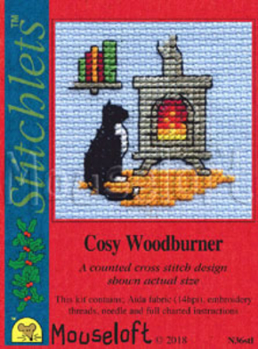 Borduurpakket postkaart Cosy Woodburner N36 Mouseloft