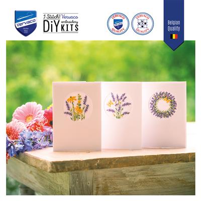 Borduurpakket kit 3 wenskaarten met omslag Lavendel 10.5 x 15 cm