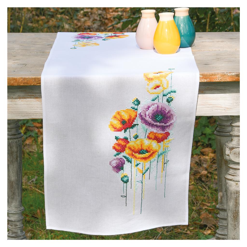 Vervaco borduurpakket tafelloper Klaprozen 38 x 142 cm
