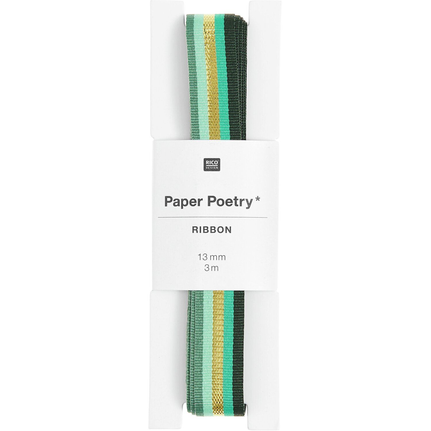 Paper Poetry poëzieweblint met meerdere strepen groen/goud 13 mm x 3 m